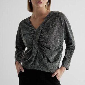 Express Womens Metallic V-Neck Long Sleeve Twist Front Draped Top Size XS NWT$54